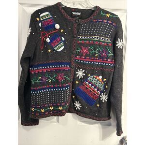 Vintage DESIGNERS‎ ORIGINALS P/M Ho Ho Christmas Sweater Cardigan Snow Mitten